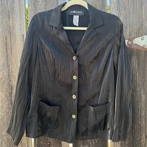 Vintage Shiny Sheen Black Button-Up Blouse with connected Camisole Beaded
